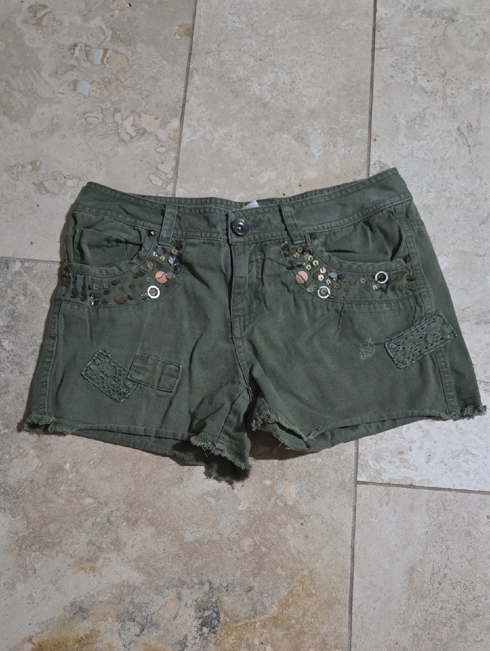 Justice Girls Size 12 Olive Green Distressed Patch Sequin Shorts